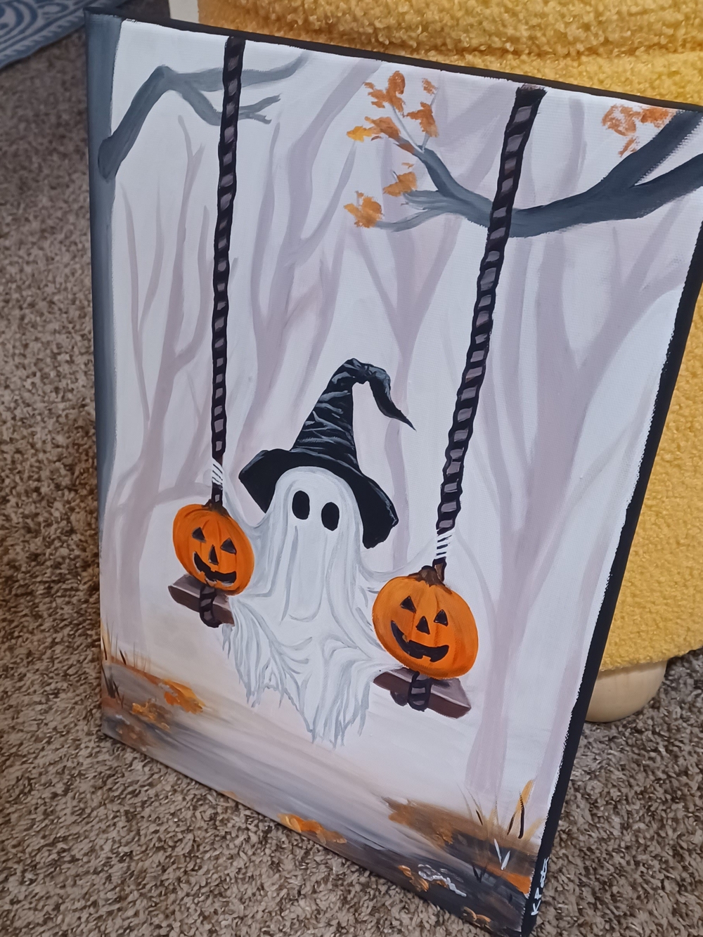 Original Acrylic Halloween Ghost Painting with Jack-o'-Lanterns - Picture 4 of 6